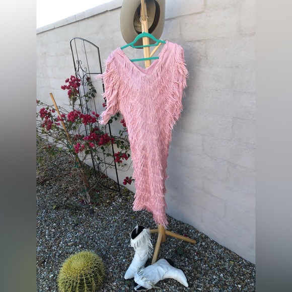 Vintage disco cowgirl Taylor swift like pink midi maxi fringe western dress - Picture 3 of 14